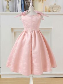SHEIN Textured Fabric Flower Girl Dress With Bow Shoulder Decor, A-Line Silhouette, Short Length, Suitable For Weddings, Parties, Birthdays, Banquets - Pink - View 3