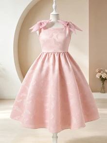 SHEIN Textured Fabric Flower Girl Dress With Bow Shoulder Decor, A-Line Silhouette, Short Length, Suitable For Weddings, Parties, Birthdays, Banquets - Pink - View 2