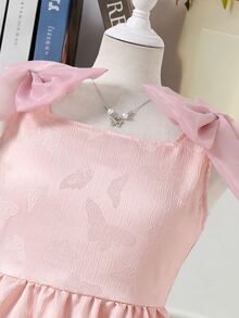 SHEIN Textured Fabric Flower Girl Dress With Bow Shoulder Decor, A-Line Silhouette, Short Length, Suitable For Weddings, Parties, Birthdays, Banquets - Pink - View 5