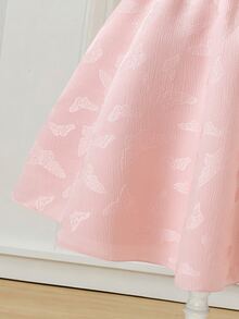 SHEIN Textured Fabric Flower Girl Dress With Bow Shoulder Decor, A-Line Silhouette, Short Length, Suitable For Weddings, Parties, Birthdays, Banquets - Pink - View 6