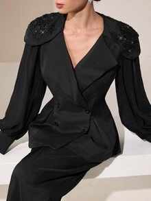 Graceveil Set Setelan Elegan untuk Makan Malam Formal Hitam dengan Blazer Kerah Aksen Payet dan Celana Panjang, Lengan Lentera Sifon - Hitam - View 3