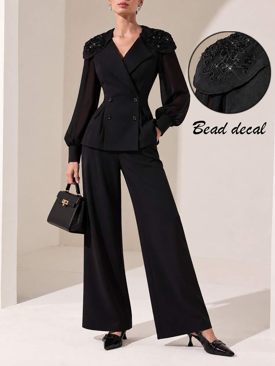 Graceveil Set Setelan Elegan untuk Makan Malam Formal Hitam dengan Blazer Kerah Aksen Payet dan Celana Panjang, Lengan Lentera Sifon - Hitam - View 1