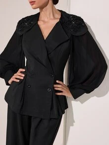 Graceveil Set Setelan Elegan untuk Makan Malam Formal Hitam dengan Blazer Kerah Aksen Payet dan Celana Panjang, Lengan Lentera Sifon - Hitam - View 4