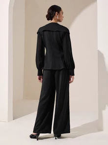 Graceveil Set Setelan Elegan untuk Makan Malam Formal Hitam dengan Blazer Kerah Aksen Payet dan Celana Panjang, Lengan Lentera Sifon - Hitam - View 2