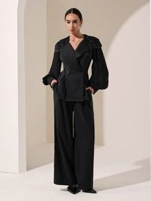 Graceveil Set Setelan Elegan untuk Makan Malam Formal Hitam dengan Blazer Kerah Aksen Payet dan Celana Panjang, Lengan Lentera Sifon - Hitam - View 5