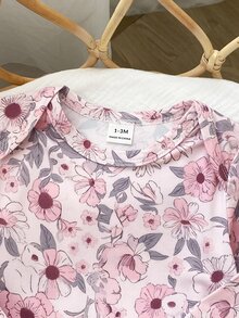 SHEIN 1件新生兒長袖連身褲，柔軟針織布料，可愛花卉圖案，最佳禮物，適合日常穿著，秋冬季室內可愛舒適款 - 彩色 - 查看 5