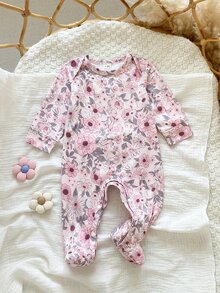 SHEIN 1件新生兒長袖連身褲，柔軟針織布料，可愛花卉圖案，最佳禮物，適合日常穿著，秋冬季室內可愛舒適款 - 彩色 - 查看 8