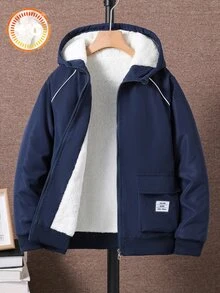 SHEIN Vacaura Tween Boy Casual Warm Thermal Lined Zip-Up Hooded Jacket For Winter - Navy Blue - View 8