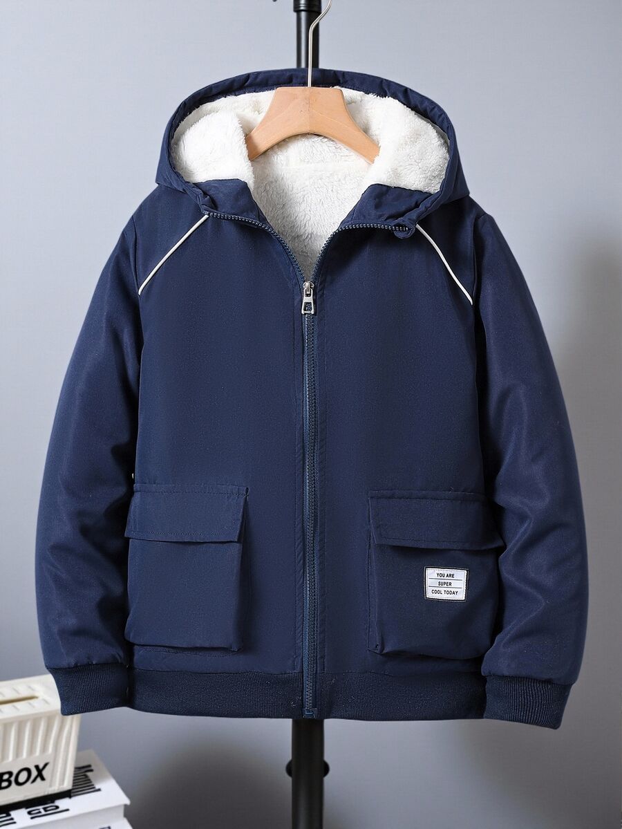 SHEIN Vacaura Tween Boy Casual Warm Thermal Lined Zip-Up Hooded Jacket For Winter