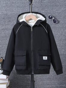 SHEIN 大童男孩字母貼布裝飾翻蓋口袋插肩袖羊羔絨內裡連帽外套 冬季 - 黑色 - 查看 5