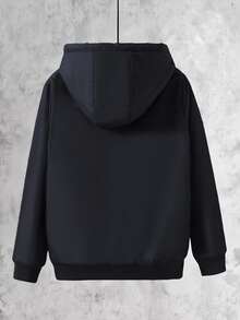 SHEIN 大童男孩字母貼布裝飾翻蓋口袋插肩袖羊羔絨內裡連帽外套 冬季 - 黑色 - 查看 2