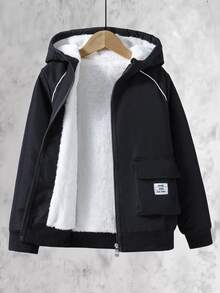SHEIN 大童男孩字母貼布裝飾翻蓋口袋插肩袖羊羔絨內裡連帽外套 冬季 - 黑色 - 查看 3