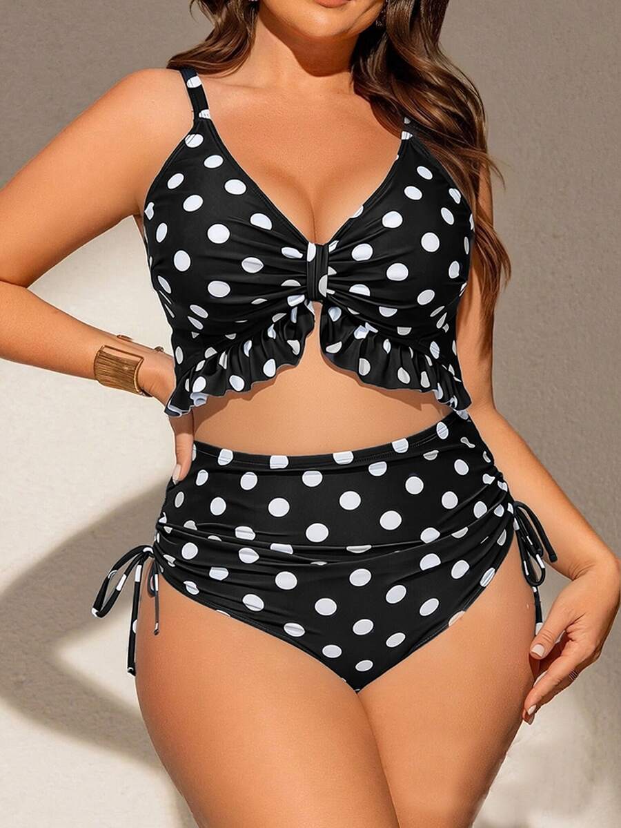 Swim Chiccia 大码女士连体泳衣,特殊面料,深V领,可调节肩带,可拆卸胸垫,荷叶边下摆,抽绳腰带,时尚性感,休闲度假沙滩风 - 黑與白 - 查看 1