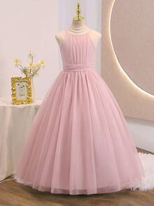 Tween Girls Sweet Back To School Party Halter Neck Contrast Mesh Slvless Hi Waist Cinched Dress Autumn Fall - Pink - View 3