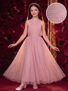 Tween Girls Sweet Back To School Party Halter Neck Contrast Mesh Slvless Hi Waist Cinched Dress Autumn Fall - Pink - View 8
