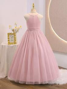 Tween Girls Sweet Back To School Party Halter Neck Contrast Mesh Slvless Hi Waist Cinched Dress Autumn Fall - Pink - View 5