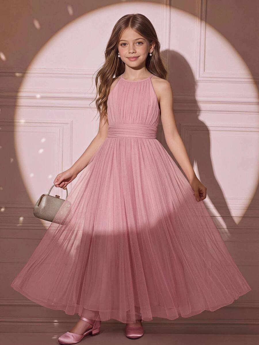 Tween Girls Sweet Back To School Party Halter Neck Contrast Mesh Slvless Hi Waist Cinched Dress Autumn Fall - Pink - View 1