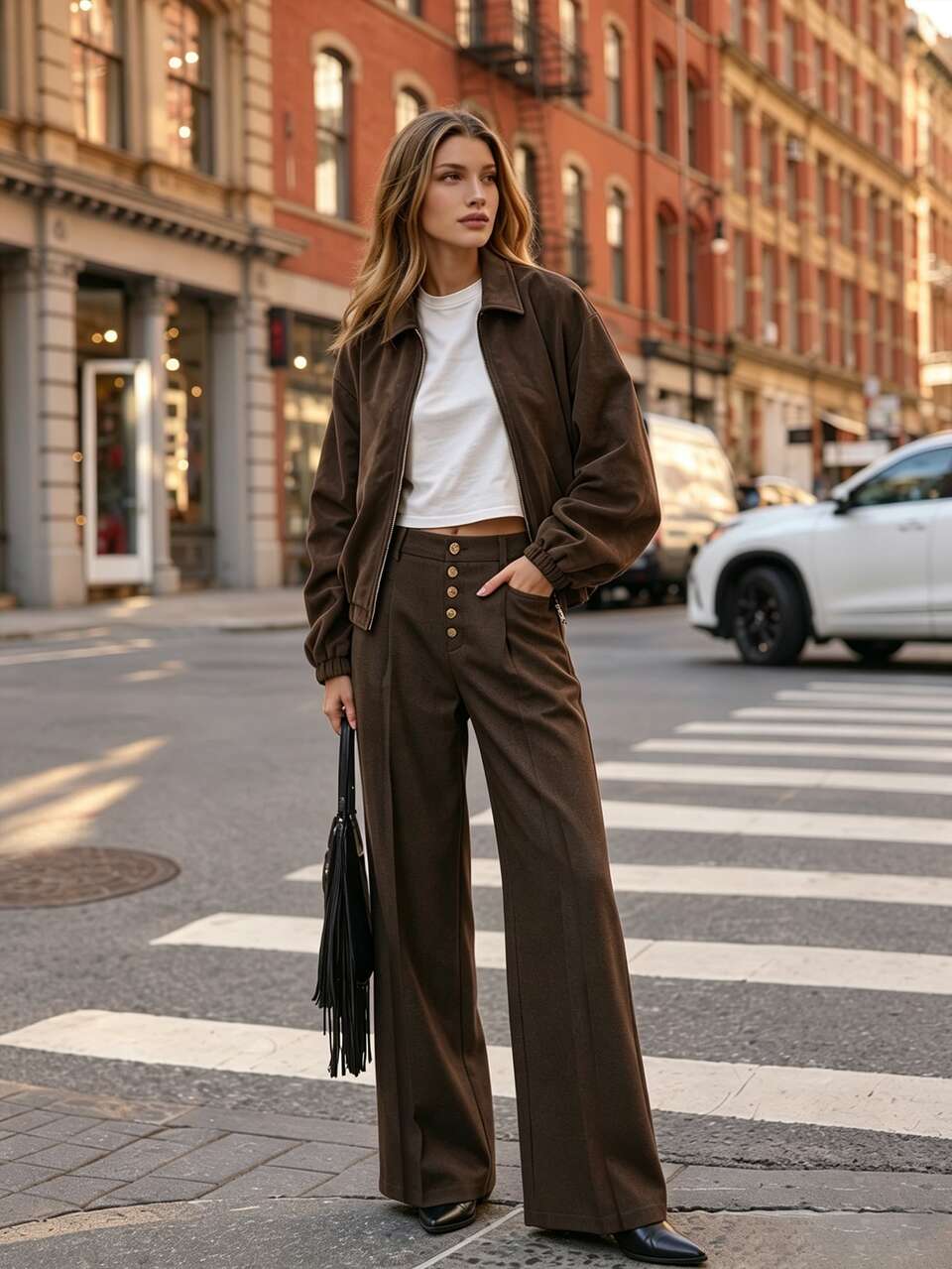 Women's Fall Dark Brown Faux Fur Twill Wide Leg Pleated Pants, Vintage Modern Metal Buckle Office Business Commute Outfits