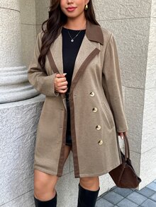 Easura Plus Size Women's Autumn/Winter Fashion Elegant Colorblock Patchwork Overcoat - Khaki - View 6
