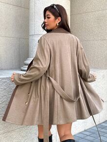 Easura Plus Size Women's Autumn/Winter Fashion Elegant Colorblock Patchwork Overcoat - Khaki - View 2