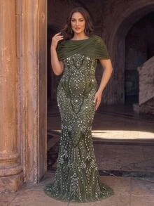 Glamrae Women's Elegant Luxury Olive Green Beaded Embroidered Elastic Knit Mesh Ruched Patchwork Round Neck Short Sleeve Ruched Fitted Mermaid Skirt, Suitable For Various Formal Occasions, Young Fashion Bride Mother Dress - Green - View 8