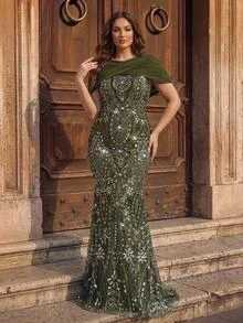 Glamrae Women's Elegant Luxury Olive Green Beaded Embroidered Elastic Knit Mesh Ruched Patchwork Round Neck Short Sleeve Ruched Fitted Mermaid Skirt, Suitable For Various Formal Occasions, Young Fashion Bride Mother Dress - Green - View 7
