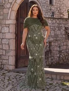 Glamrae Women's Elegant Luxury Olive Green Beaded Embroidered Elastic Knit Mesh Ruched Patchwork Round Neck Short Sleeve Ruched Fitted Mermaid Skirt, Suitable For Various Formal Occasions, Young Fashion Bride Mother Dress - Green - View 6