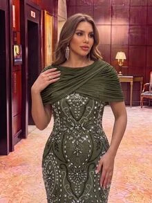 Glamrae Women's Elegant Luxury Olive Green Beaded Embroidered Elastic Knit Mesh Ruched Patchwork Round Neck Short Sleeve Ruched Fitted Mermaid Skirt, Suitable For Various Formal Occasions, Young Fashion Bride Mother Dress - Green - View 1