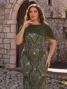 Glamrae Women's Elegant Luxury Olive Green Beaded Embroidered Elastic Knit Mesh Ruched Patchwork Round Neck Short Sleeve Ruched Fitted Mermaid Skirt, Suitable For Various Formal Occasions, Young Fashion Bride Mother Dress - Green - View 4