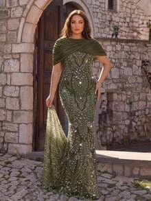 Glamrae Women's Elegant Luxury Olive Green Beaded Embroidered Elastic Knit Mesh Ruched Patchwork Round Neck Short Sleeve Ruched Fitted Mermaid Skirt, Suitable For Various Formal Occasions, Young Fashion Bride Mother Dress - Green - View 2