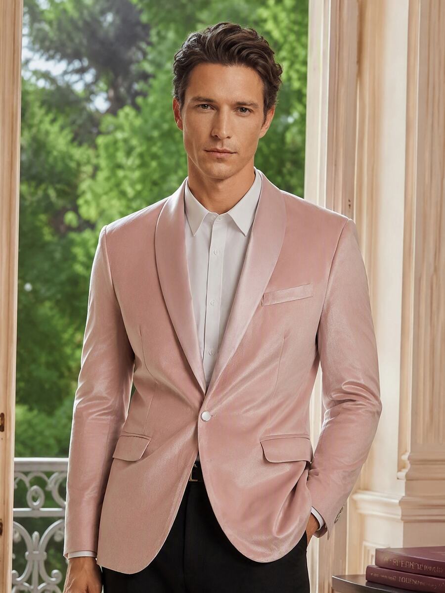 Officeau Men's Pink Velvet Shawl Collar Luxury Blazer, Tuxedos For Wedding/ Evening/ Prom - Pink - View 1