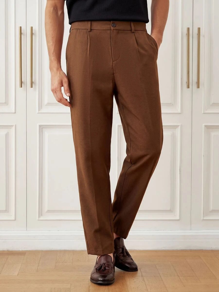 Officeau Men's Old Money Coffee Brown Straight-Leg Loose Suit Pants, For Business Formal/ Evening - Coffee Brown - View 1