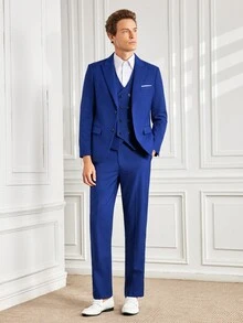 Officeau Men's 3 Pieces Blue Suit Set With Peak-Lapel Blazer, Double-Breasted Waistcoat & Trousers, Luxury Tuxedo For Weddings, Evening Events - Blue - View 8