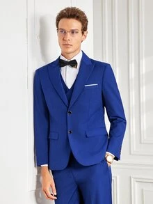 Officeau Men's 3 Pieces Blue Suit Set With Peak-Lapel Blazer, Double-Breasted Waistcoat & Trousers, Luxury Tuxedo For Weddings, Evening Events - Blue - View 3