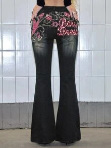 ROMWE Fairycore Y2K Butterfly Embroidery Distressed Super Low Waist Skinny Jeans For Women - Blue - View 4
