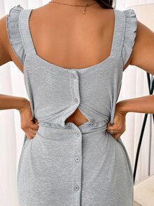 Slowluna Comfortable Loose Fit Frill Trim Solid Color Summer Clothing - Light Grey - View 8