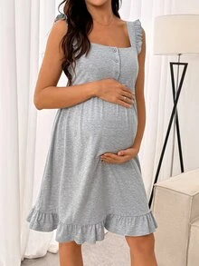 Slowluna Comfortable Loose Fit Frill Trim Solid Color Summer Clothing - Light Grey - View 5