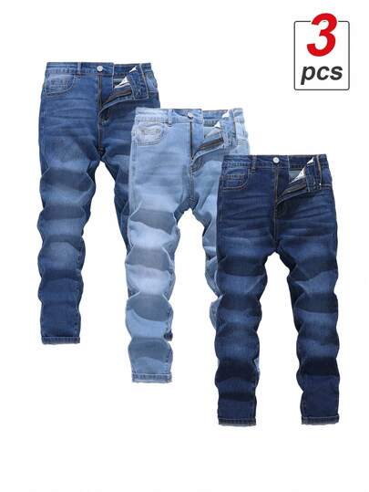SHEIN Vacaura 3 st avslappnade jeans för tween-pojkar i 3 färger, tvättad blå denim, höst