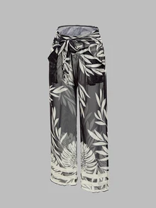 Swim Oasis Women's Minimalist Solid Color Ruched One-Piece Swimsuit With Tropical Plant Print Sheer Long Pants Set, Vacation - Multicolor - View 9