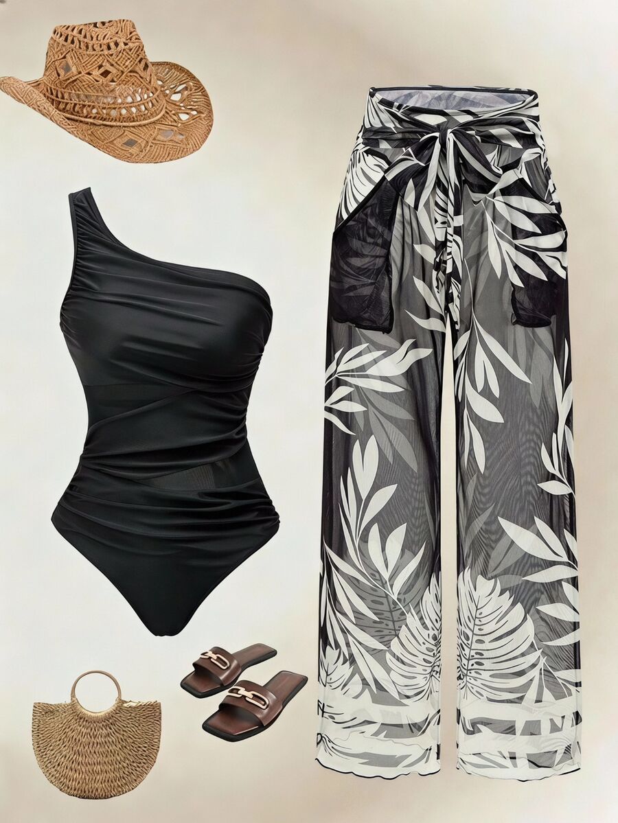 Swim Oasis Women's Minimalist Solid Color Ruched One-Piece Swimsuit With Tropical Plant Print Sheer Long Pants Set, Vacation - Multicolor - View 1