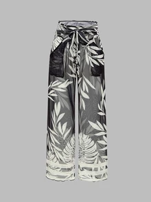 Swim Oasis Women's Minimalist Solid Color Ruched One-Piece Swimsuit With Tropical Plant Print Sheer Long Pants Set, Vacation - Multicolor - View 8