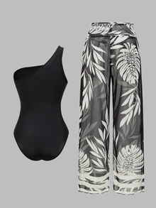 Swim Oasis Women's Minimalist Solid Color Ruched One-Piece Swimsuit With Tropical Plant Print Sheer Long Pants Set, Vacation - Multicolor - View 2
