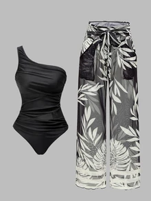 Swim Oasis Women's Minimalist Solid Color Ruched One-Piece Swimsuit With Tropical Plant Print Sheer Long Pants Set, Vacation - Multicolor - View 4