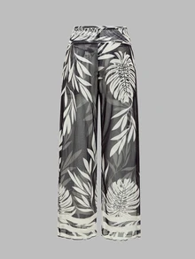 Swim Oasis Women's Minimalist Solid Color Ruched One-Piece Swimsuit With Tropical Plant Print Sheer Long Pants Set, Vacation - Multicolor - View 7