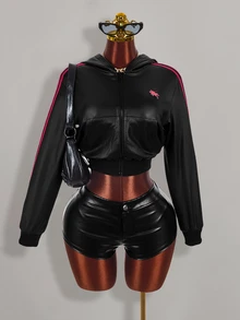 Amplova Women's Knight Print Zip-Up Cropped Sweatshirt Halloween Night Black And Pink Black Fall Y2k - Black - View 9