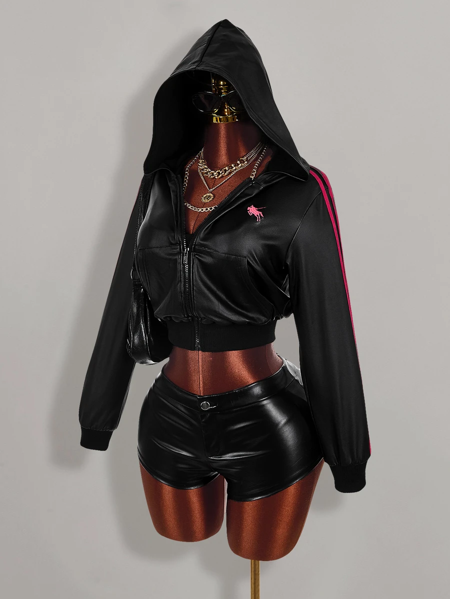 Amplova Women's Knight Print Zip-Up Cropped Sweatshirt Halloween Night Black And Pink Black Fall Y2k - Black - View 1