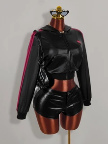 Amplova Women's Knight Print Zip-Up Cropped Sweatshirt Halloween Night Black And Pink Black Fall Y2k - Black - View 11