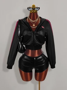 Amplova Women's Knight Print Zip-Up Cropped Sweatshirt Halloween Night Black And Pink Black Fall Y2k - Black - View 7