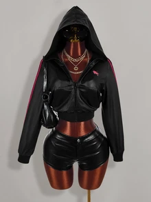 Amplova Women's Knight Print Zip-Up Cropped Sweatshirt Halloween Night Black And Pink Black Fall Y2k - Black - View 2