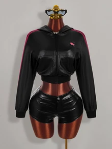 Amplova Women's Knight Print Zip-Up Cropped Sweatshirt Halloween Night Black And Pink Black Fall Y2k - Black - View 5